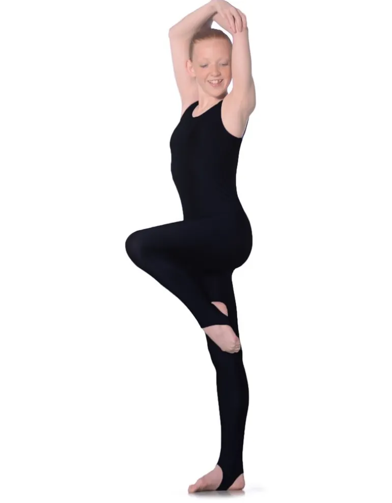 Heldragt sort blank til gymnastik med strop under foden